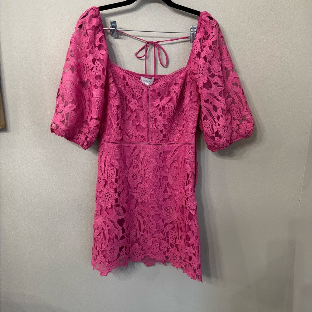Pink Lace Dress with Puff Sleeves